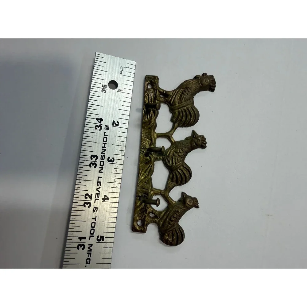 Vintage Solid Brass Rooster Key Rack 3 Hook Wall Mount Farmhouse Decor